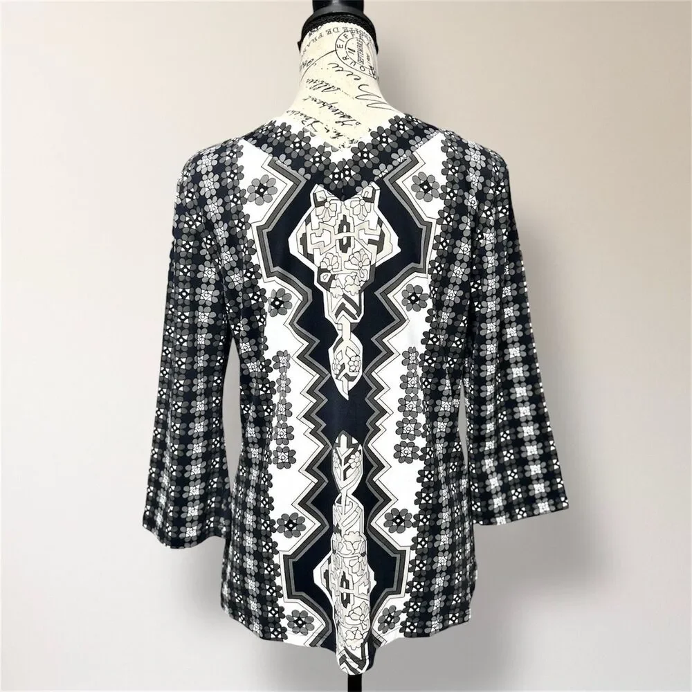 J.McLaughlin M‎ Black White Floral Geometric Catalina Long Sleeve Artsy Top
